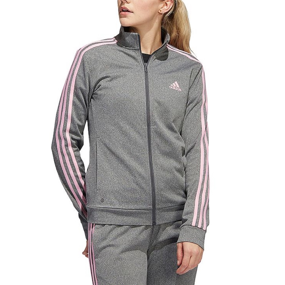 Adidas Women’s Warm Up 3 Stripes Tricot Track Jacket Gray and Light Pink